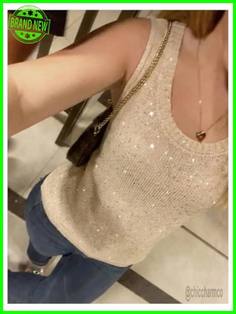 Sequin Embellished Sleeveless Knit Sweater Vest Scoop Neck Tank Top